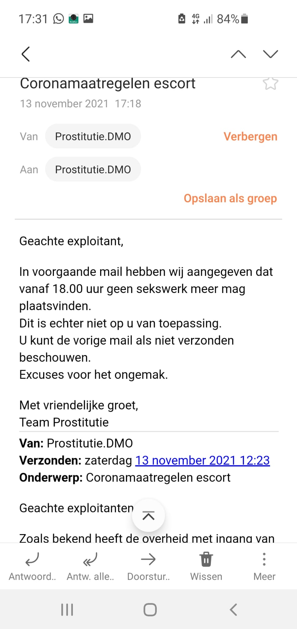 Email van gemeente amsterdam met name lockdown covid escort toegestaan