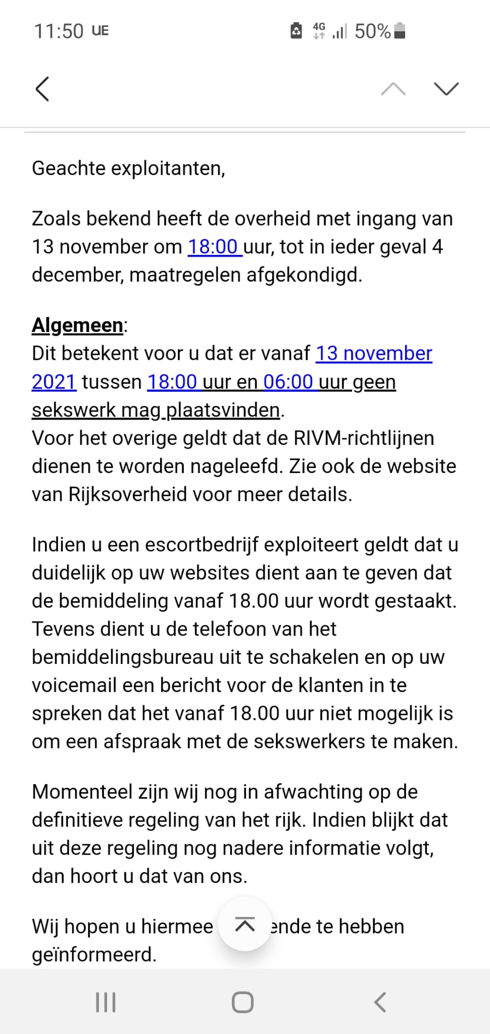 Email Gemeente Amsterdam escort niet toegestaan lockdown